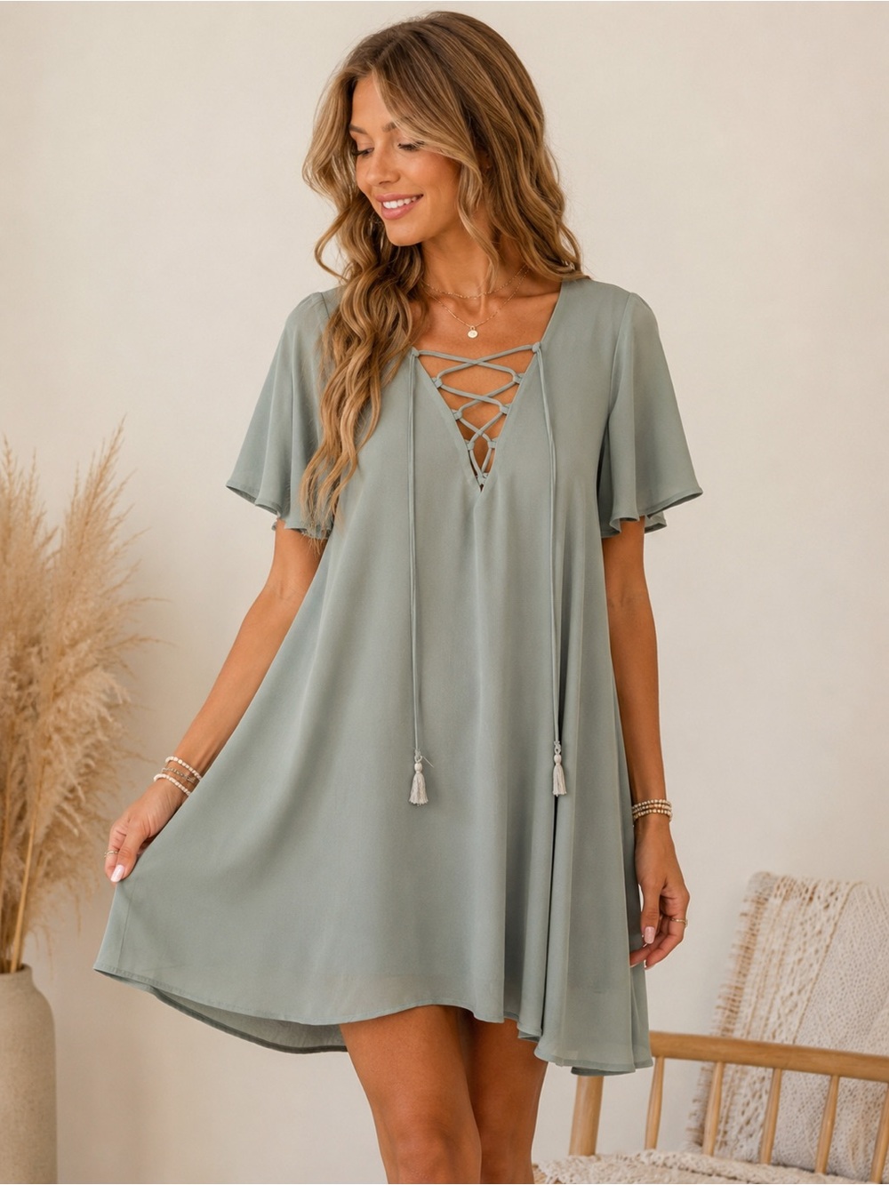 Show Me Your Mumu Sage Green Lace-Up Swing Dress